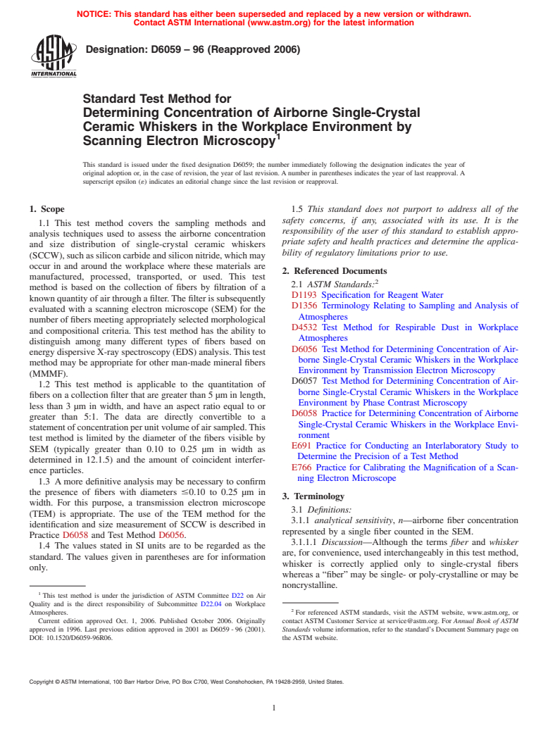 ASTM D6059-96(2006) - Standard Test Method for Determining Concentration of Airborne Single-Crystal Ceramic Whiskers in the Workplace Environment by Scanning Electron Microscopy