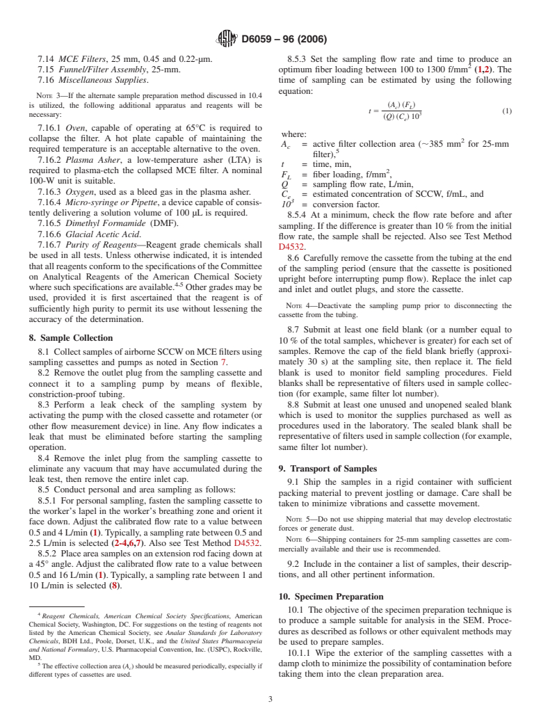 ASTM D6059-96(2006) - Standard Test Method for Determining Concentration of Airborne Single-Crystal Ceramic Whiskers in the Workplace Environment by Scanning Electron Microscopy