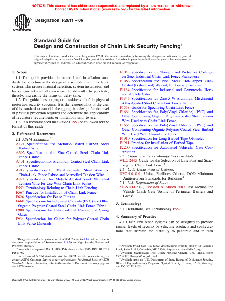 ASTM F2611-06 - Standard Guide for Design and Construction of Chain Link Security Fencing