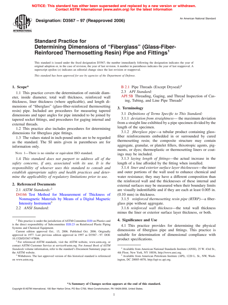 ASTM D3567-97(2006) - Standard Practice for Determining Dimensions of "Fiberglass" (Glass-Fiber-Reinforced Thermosetting Resin) Pipe and Fittings