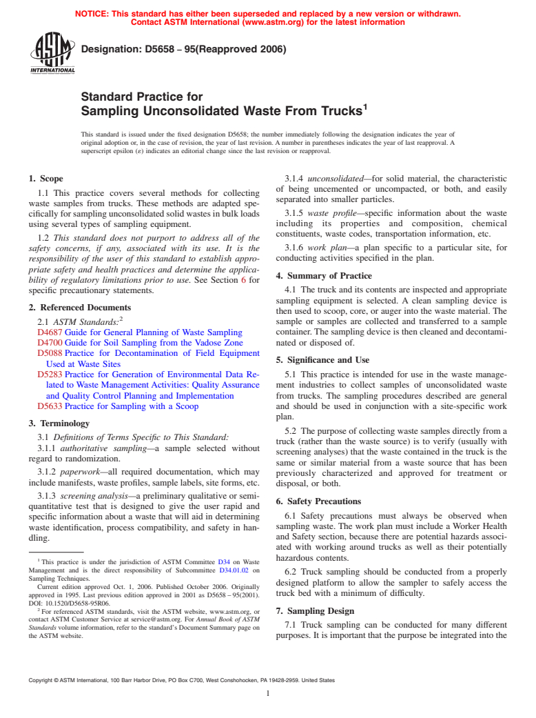 ASTM D5658-95(2006) - Standard Practice for Sampling Unconsolidated Waste From Trucks