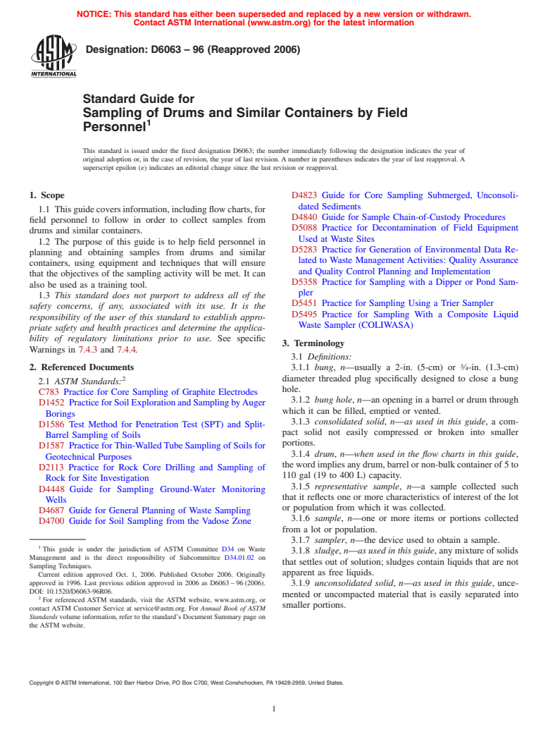 ASTM D6063-96(2006) - Standard Guide for Sampling of Drums and Similar Containers by Field Personnel