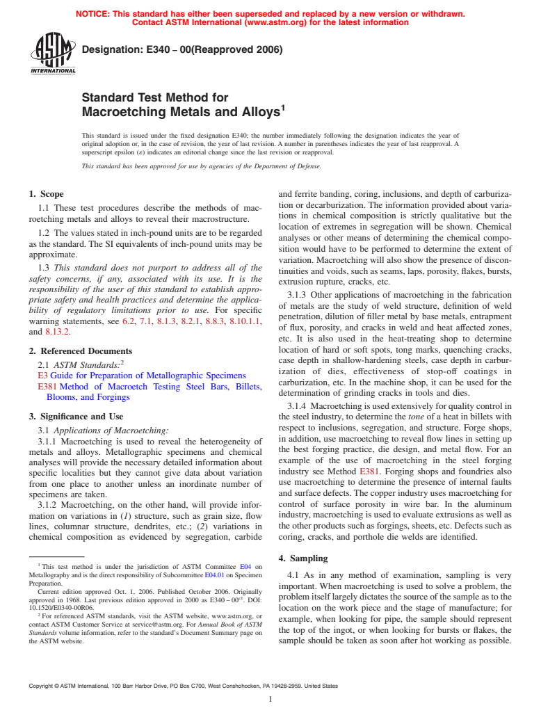 ASTM E340-00(2006) - Standard Test Method for Macroetching Metals and Alloys