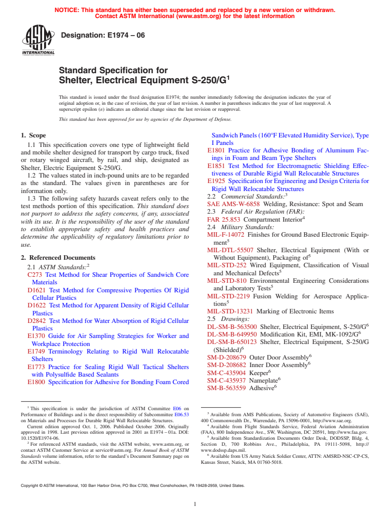 ASTM E1974-06 - Standard Specification for Shelter, Electrical Equipment S-250/G