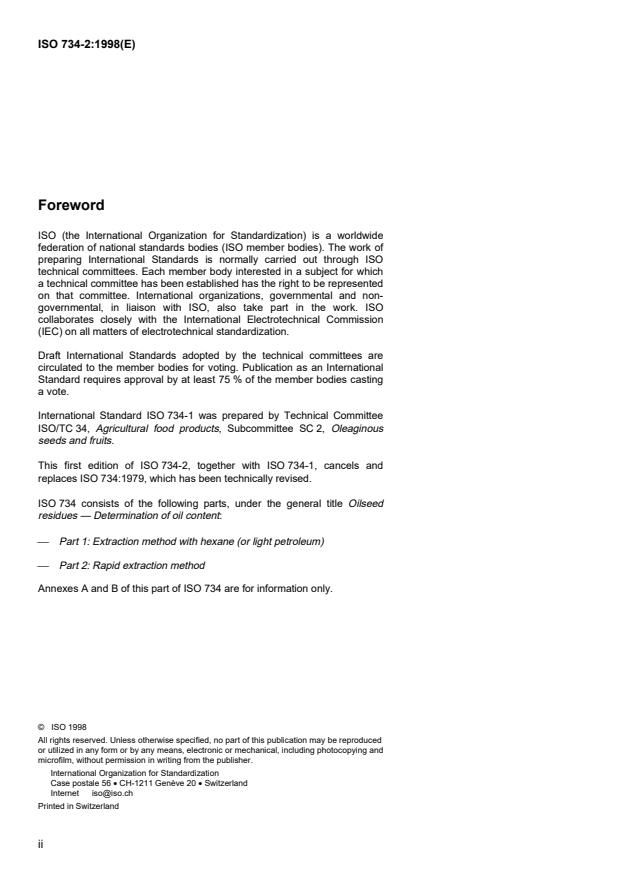 ISO 734-2:1998 ISO 734-2:1998 - Oilseed residues -- Determination of oil content - Page 2 preview