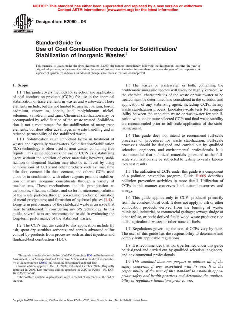 ASTM E2060-06 - Standard Guide for Use of Coal Combustion Products for Solidification/Stabilization of Inorganic Wastes