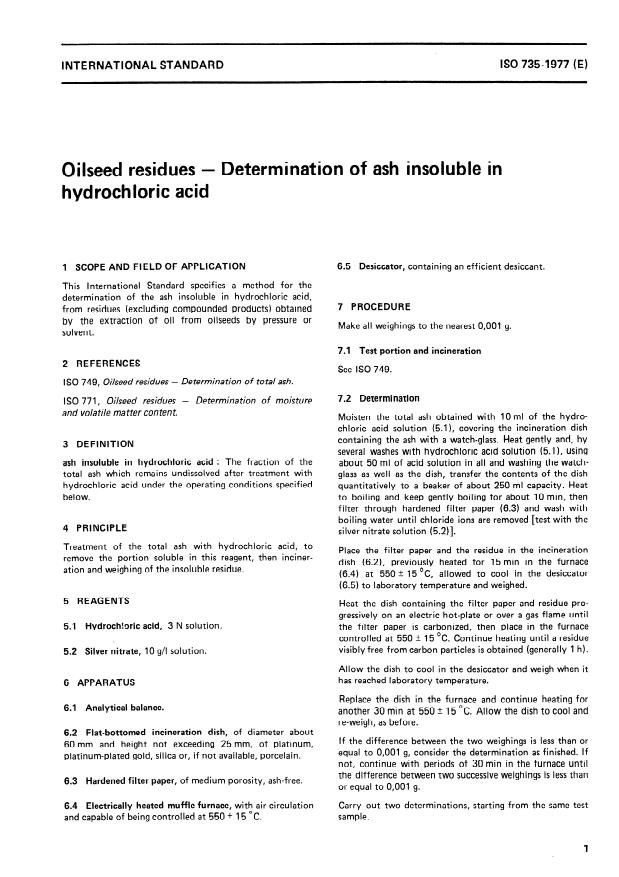 ISO 735:1977 - Oilseed residues -- Determination of ash insoluble in hydrochloric acid