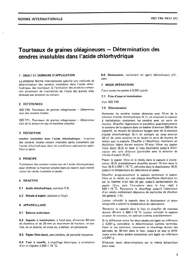 ISO 735:1977 - Tourteaux de graines oléagineuses -- Détermination des cendres insolubles dans l'acide chlorhydrique