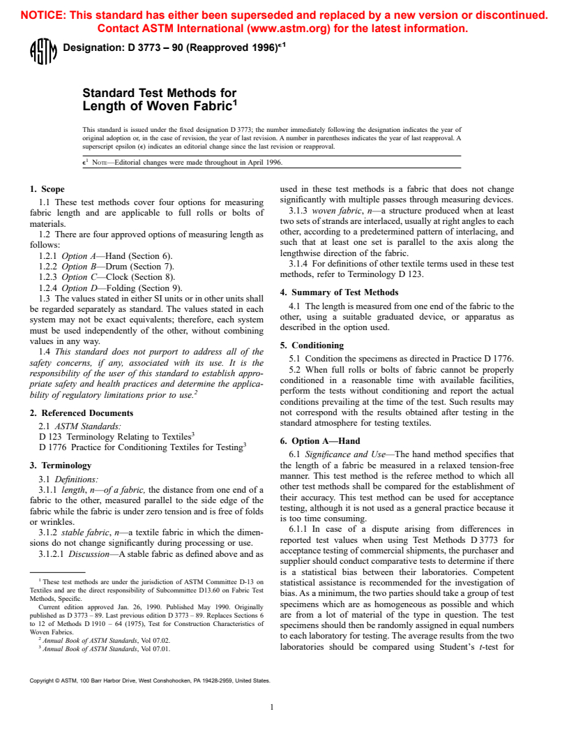 ASTM D3773-90(1996)e1 - Standard Test Methods for Length of Woven Fabric