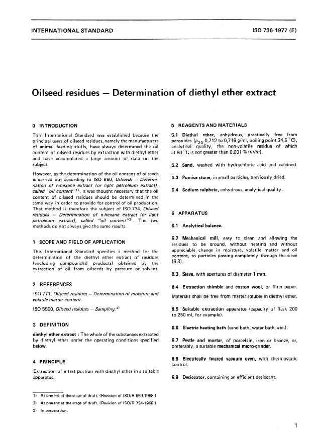ISO 736:1977 - Oilseed residues -- Determination of diethyl ether extract