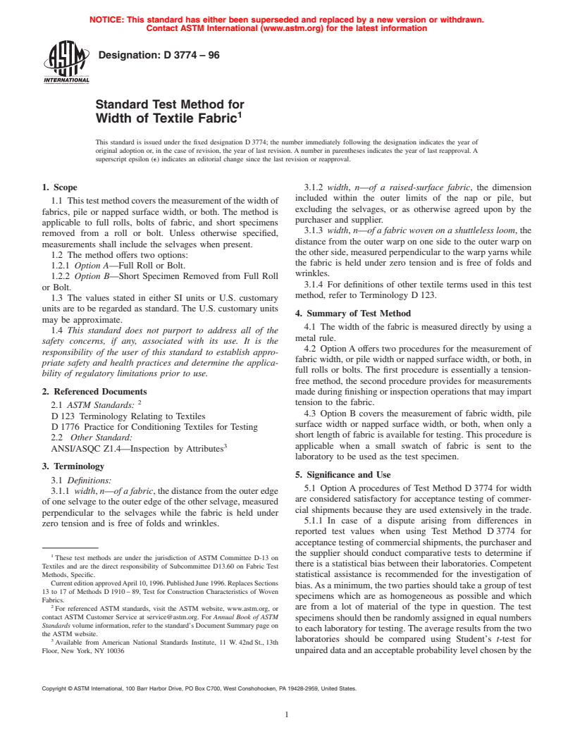 ASTM D3774-96 - Standard Test Methods for Width of Textile Fabric