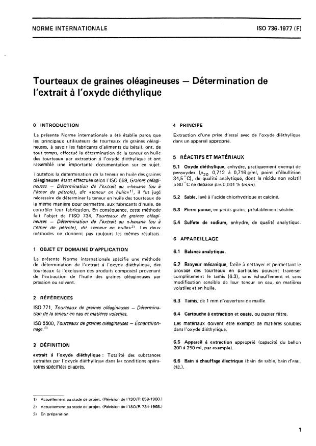 ISO 736:1977 - Tourteaux de graines oléagineuses -- Détermination de l'extrait a l'oxyde diéthylique