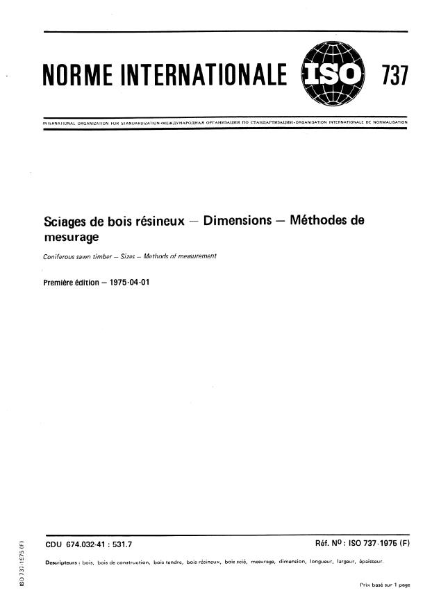 ISO 737:1975 - Sciages de bois résineux -- Dimensions -- Méthodes de mesurage
