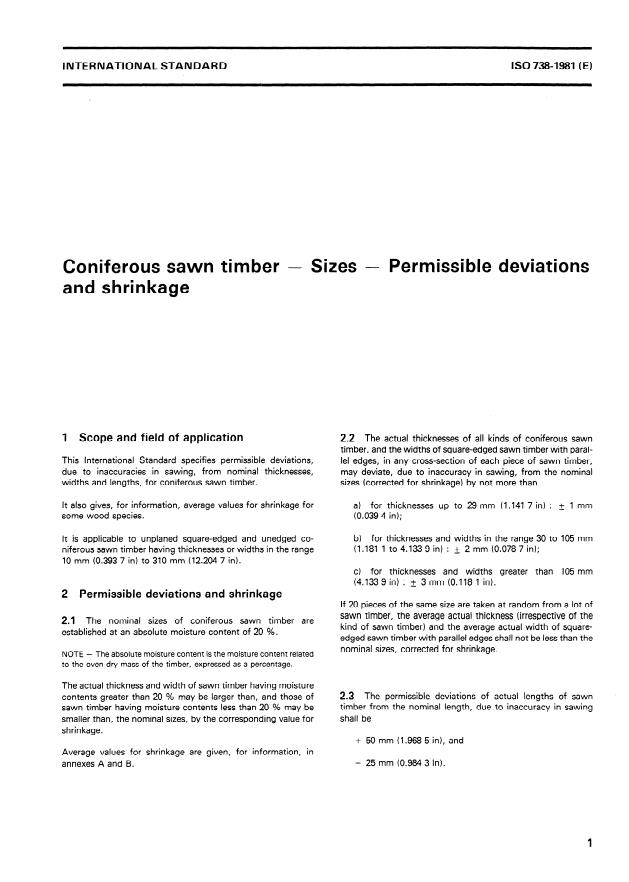 ISO 738:1981 - Coniferous sawn timber -- Sizes -- Permissible deviations and shrinkage