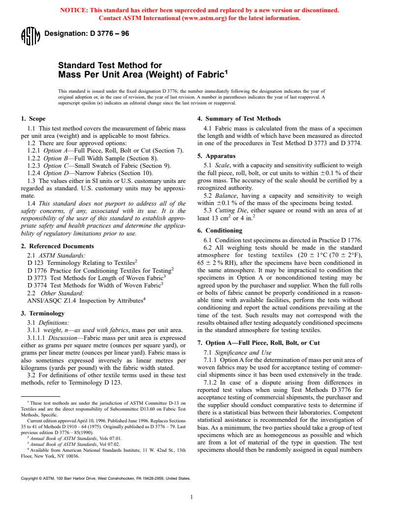 ASTM D3776-96 - Standard Test Methods for Mass Per Unit Area (Weight) of Fabric