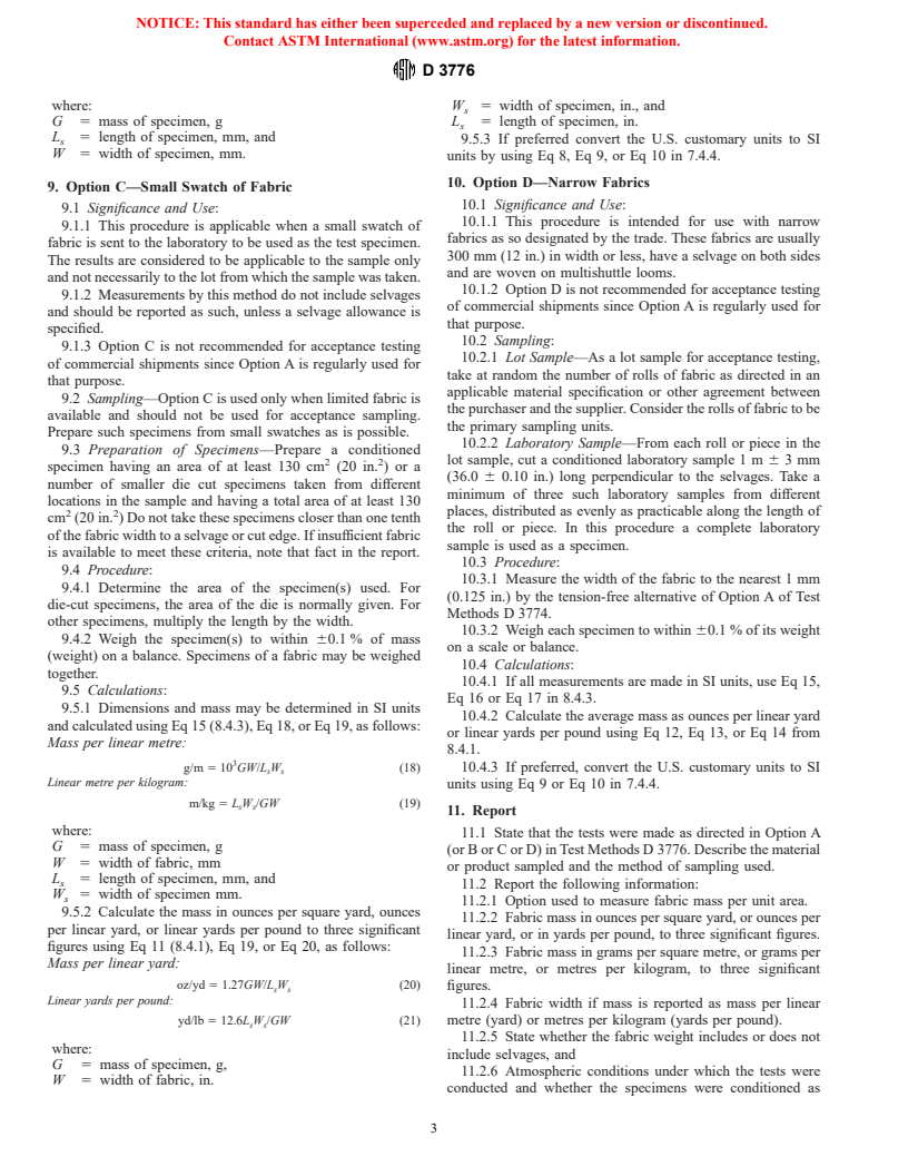 ASTM D3776-96 - Standard Test Methods for Mass Per Unit Area (Weight) of Fabric