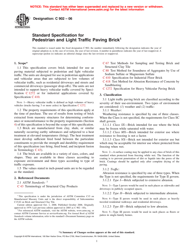 ASTM C902-06 - Standard Specification for Pedestrian and Light Traffic Paving Brick