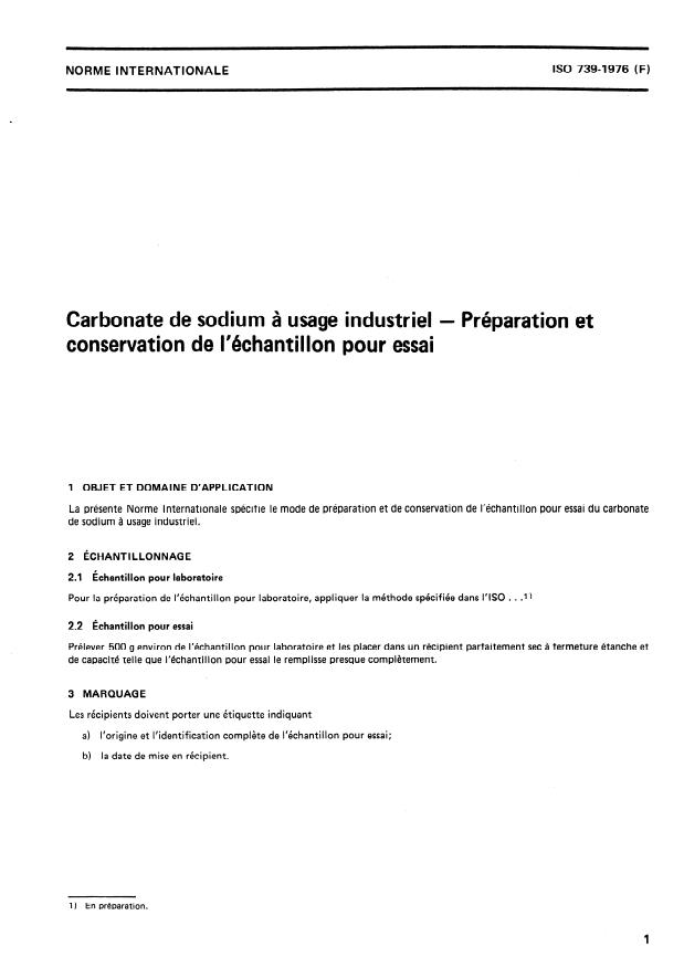 ISO 739:1976 - Carbonate de sodium a usage industriel -- Préparation et conservation de l'échantillon pour essai