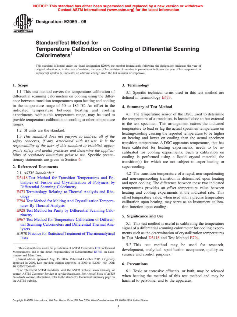 ASTM E2069-06 - Standard Test Method for Temperature Calibration on Cooling of Differential Scanning Calorimeters