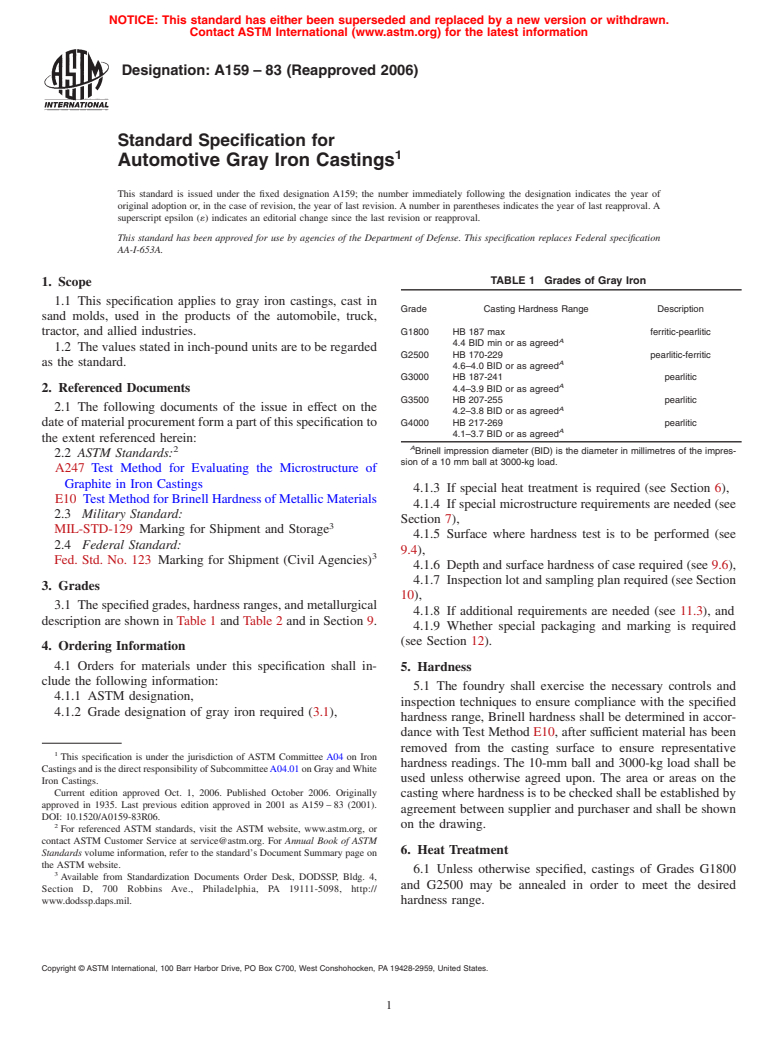 ASTM A159-83(2006) - Standard Specification for Automotive Gray Iron Castings