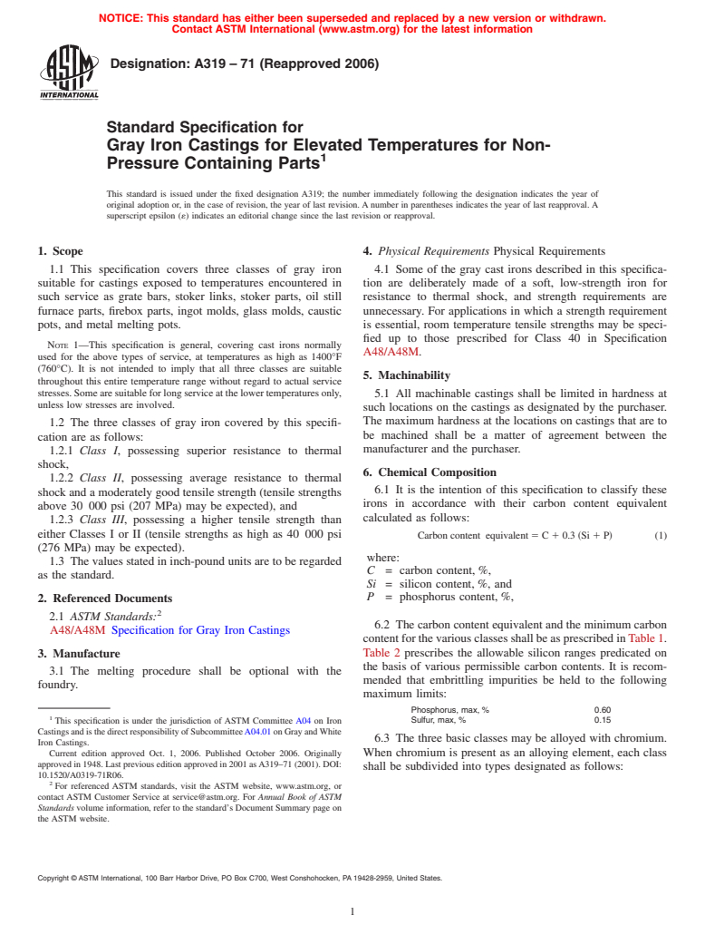 ASTM A319-71(2006) - Standard Specification for Gray Iron Castings for Elevated Temperatures for Non-Pressure Containing Parts