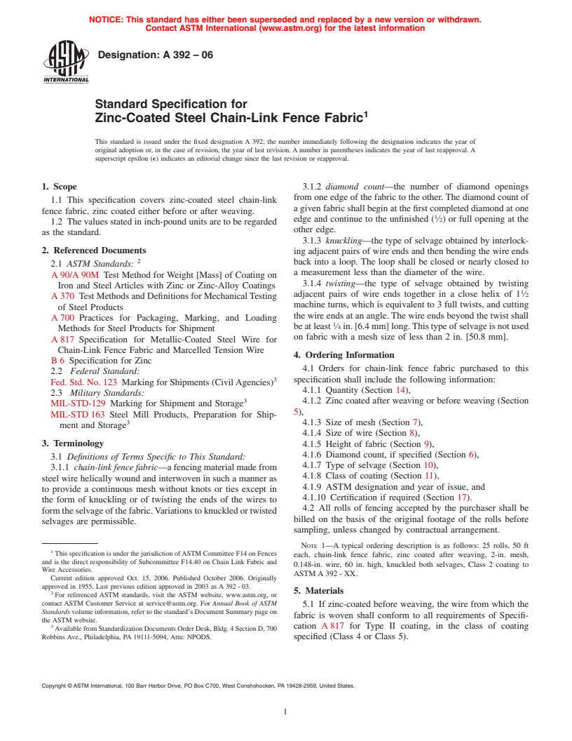 ASTM A392-06 - Standard Specification for Zinc-Coated Steel Chain-Link Fence Fabric