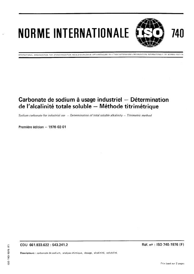ISO 740:1976 - Carbonate de sodium a usage industriel -- Détermination de l'alcalinité totale soluble -- Méthode titrimétrique