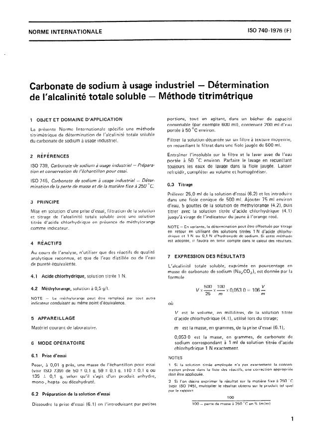 ISO 740:1976 - Carbonate de sodium a usage industriel -- Détermination de l'alcalinité totale soluble -- Méthode titrimétrique