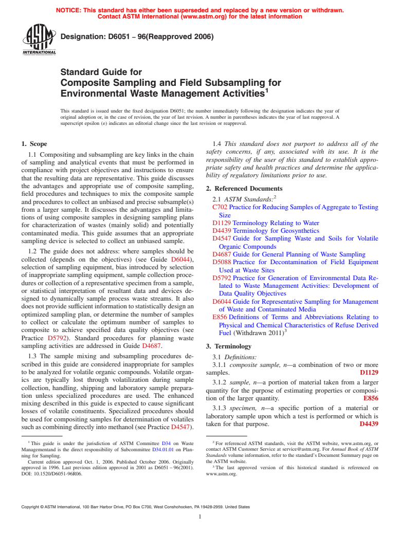 ASTM D6051-96(2006) - Standard Guide for Composite Sampling and Field Subsampling for Environmental Waste Management Activities (Withdrawn 2015)