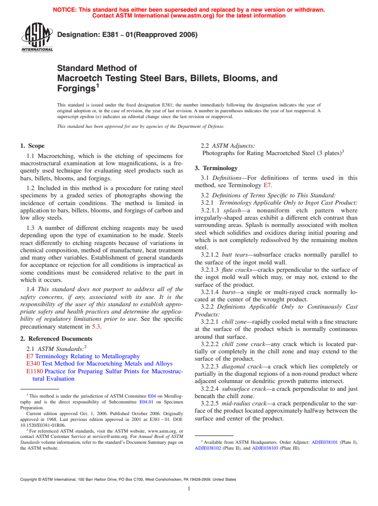 ASTM E381-01(2006) - Standard Method of Macroetch Testing Steel Bars, Billets, Blooms, and Forgings