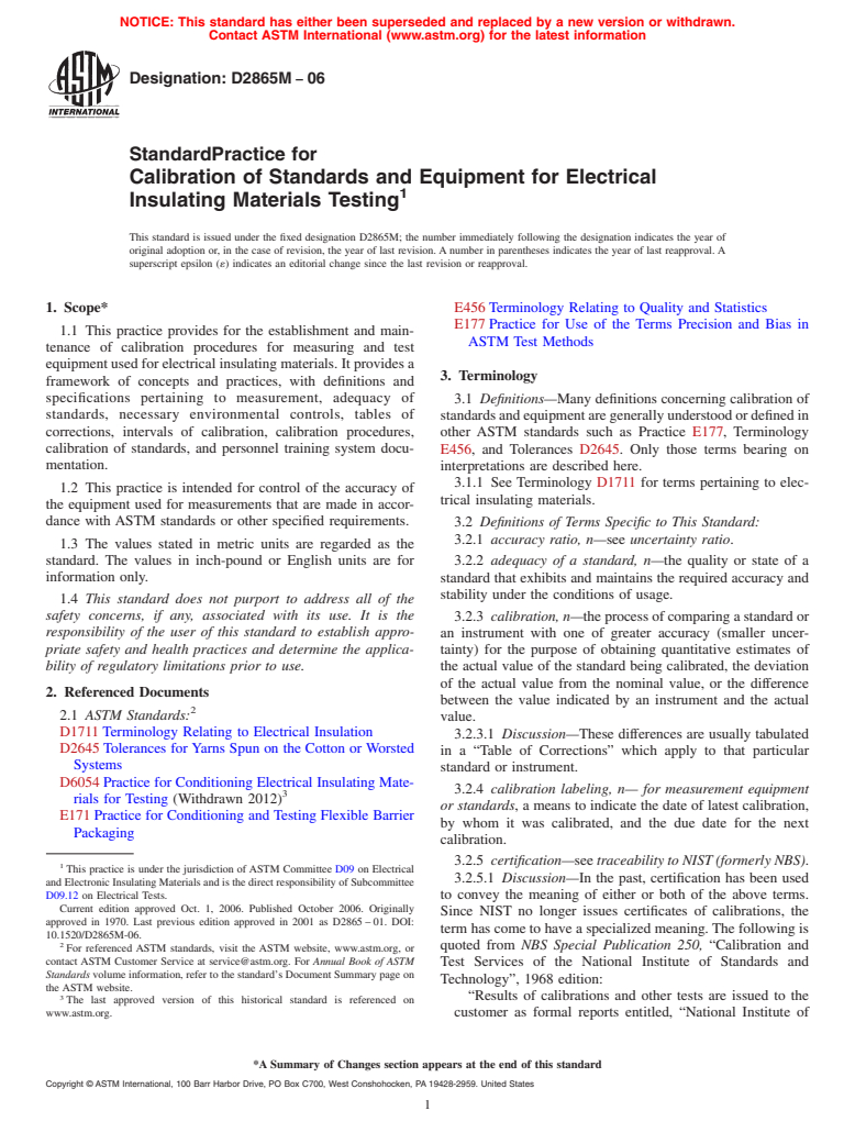 ASTM D2865M-06 - Standard Practice for Calibration of Standards and Equipment for Electrical Insulating Materials Testing (Withdrawn 2015)