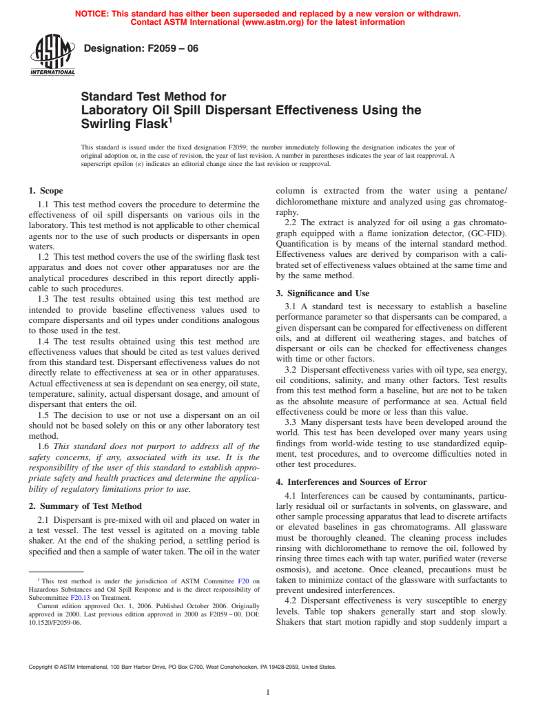 ASTM F2059-06 - Standard Test Method for Laboratory Oil Spill Dispersant Effectiveness Using The Swirling Flask