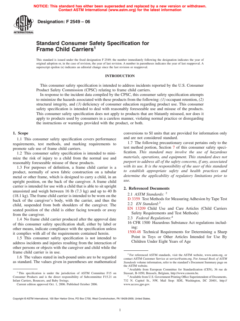 ASTM F2549-06 - Standard Consumer Safety Specification for Frame Child Carriers