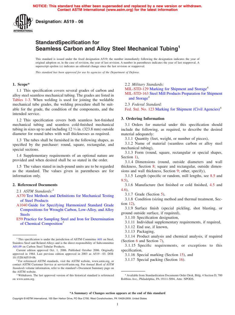 ASTM A519-06 - Standard Specification for Seamless Carbon and Alloy Steel Mechanical Tubing