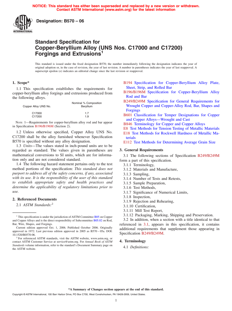 ASTM B570-06 - Standard Specification for Copper-Beryllium Alloy (UNS Nos. C17000 and C17200) Forgings and Extrusions