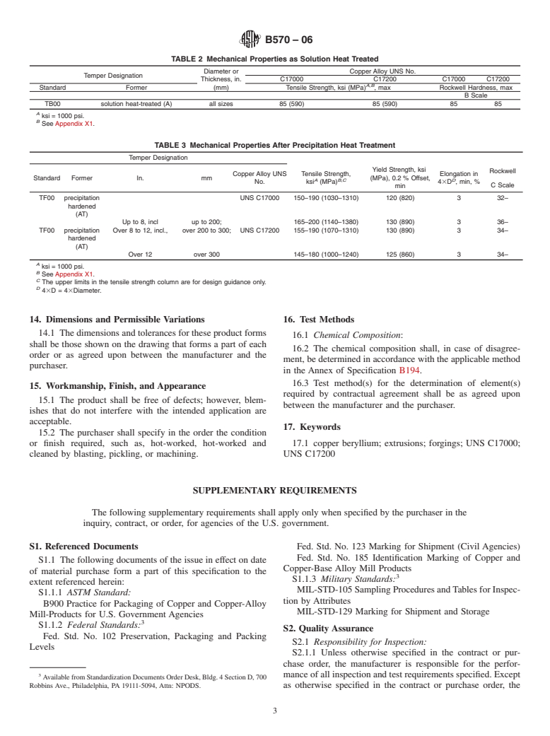 ASTM B570-06 - Standard Specification for Copper-Beryllium Alloy (UNS Nos. C17000 and C17200) Forgings and Extrusions