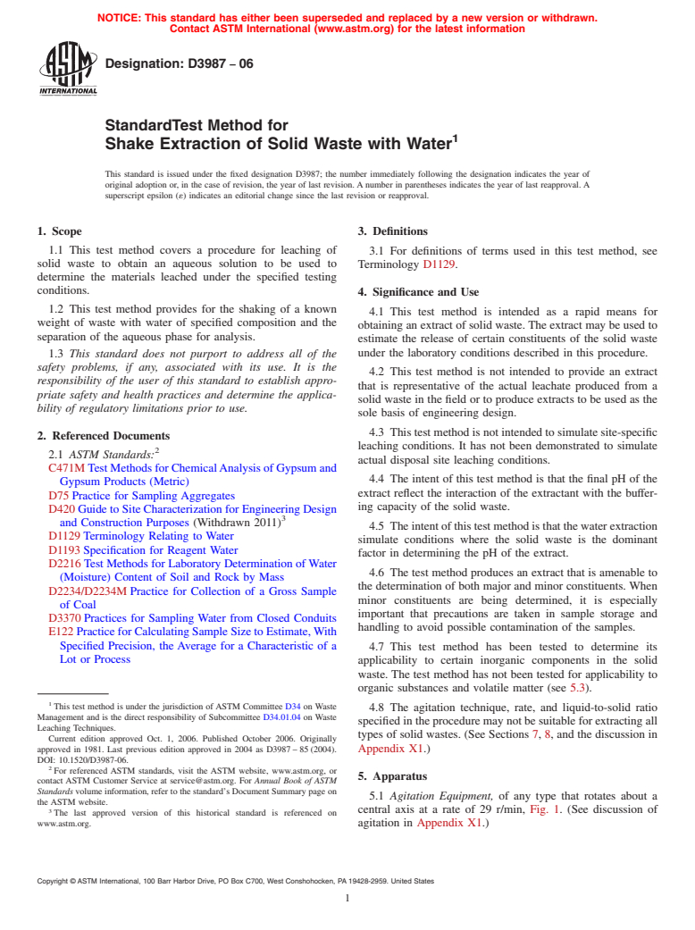 ASTM D3987-06 - Standard Test Method for Shake Extraction of Solid Waste with Water