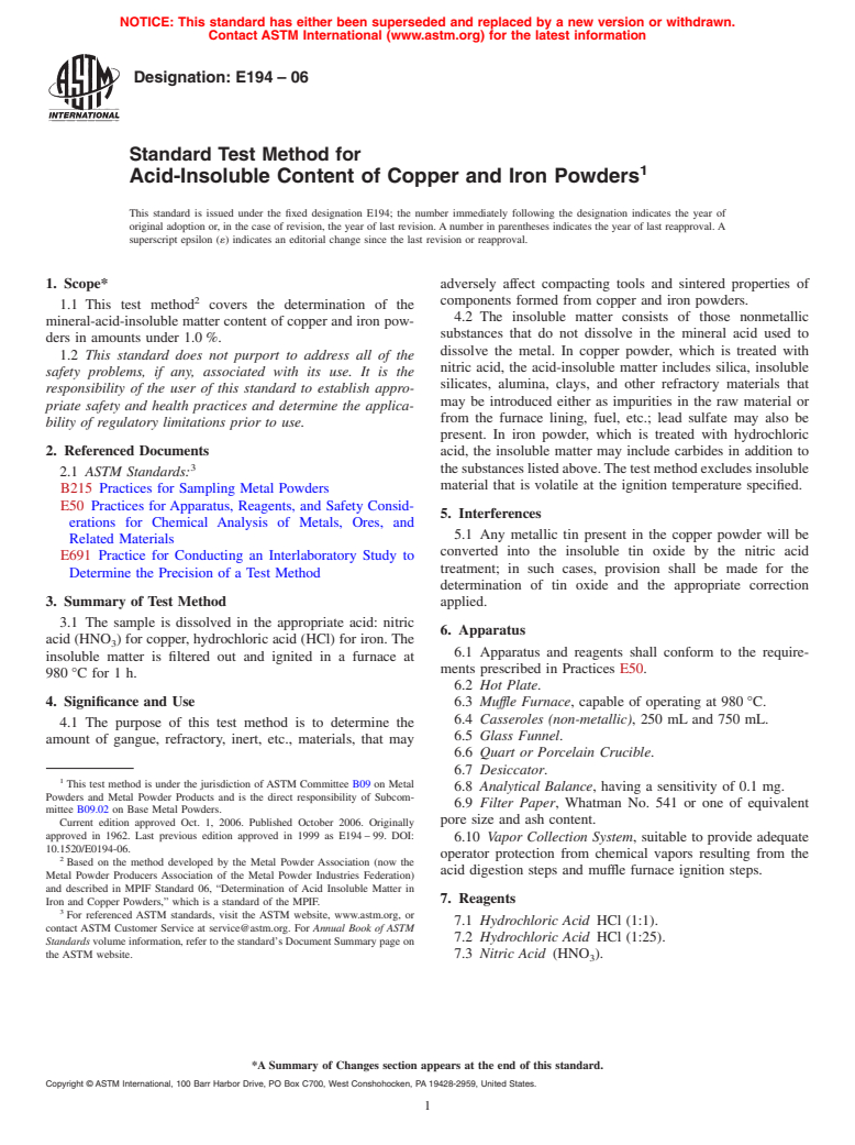 ASTM E194-06 - Standard Test Method for Acid-Insoluble Content of Copper and Iron Powders