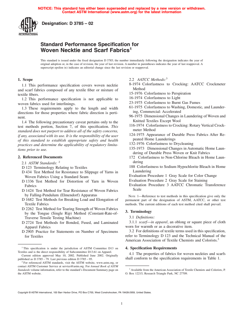 ASTM D3785-02 - Standard Performance Specification for Woven Necktie and Scarf Fabrics