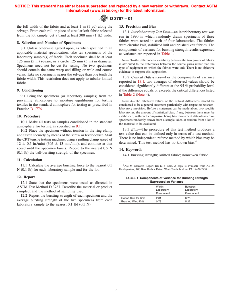 ASTM D3787-01 - Test Method for Bursting Strength of Textiles-Constant-Rate-of-Traverse (CRT) Ball Burst Test