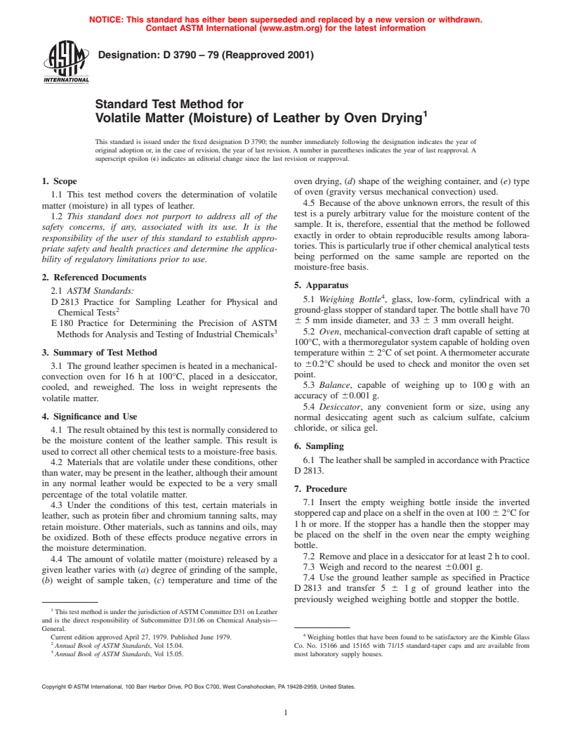 ASTM D3790-79(2001) - Standard Test Method for Volatile Matter (Moisture) of Leather by Oven Drying