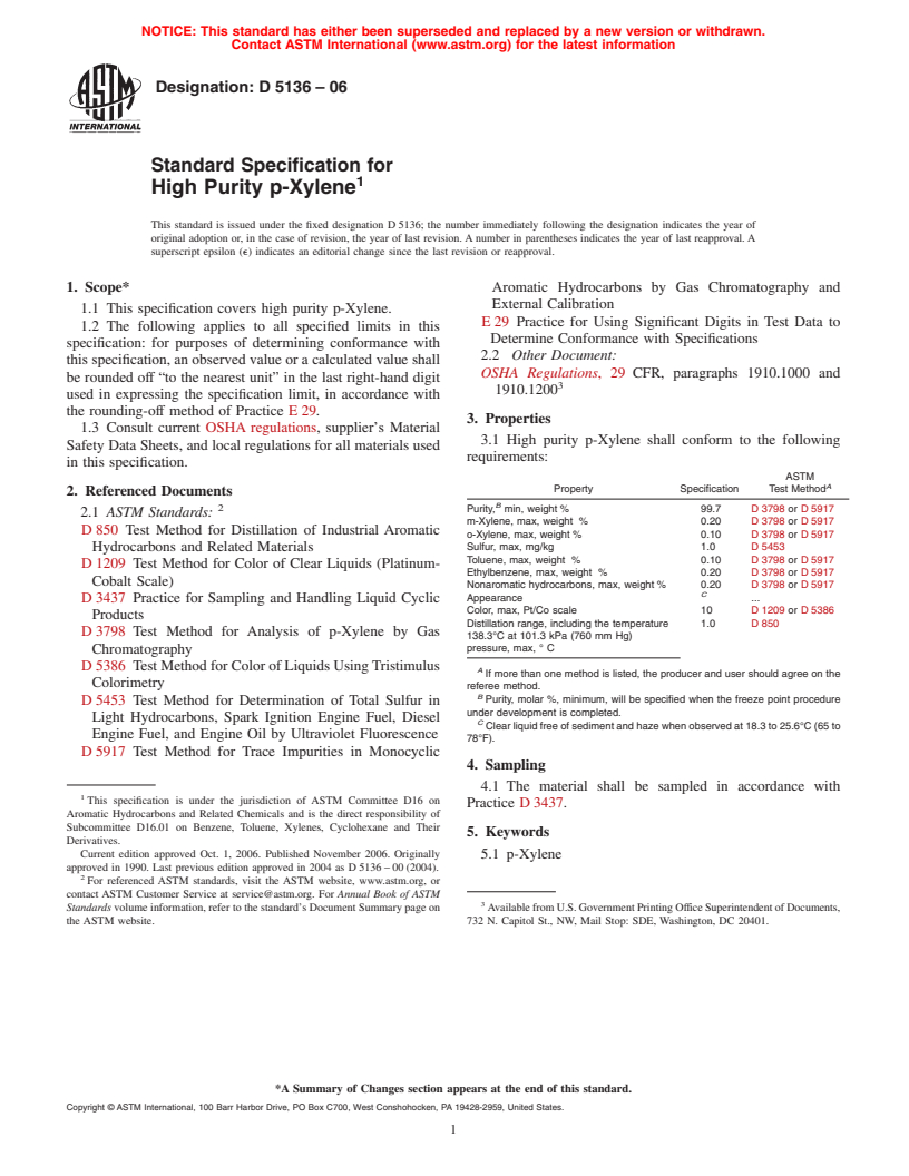 ASTM D5136-06 - Standard Specification for High Purity p-Xylene