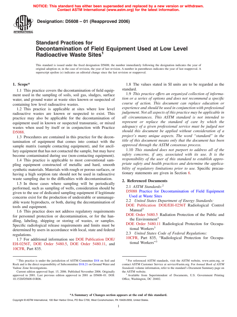 ASTM D5608-01(2006) - Standard Practices for Decontamination of Field Equipment Used at Low Level Radioactive Waste Sites