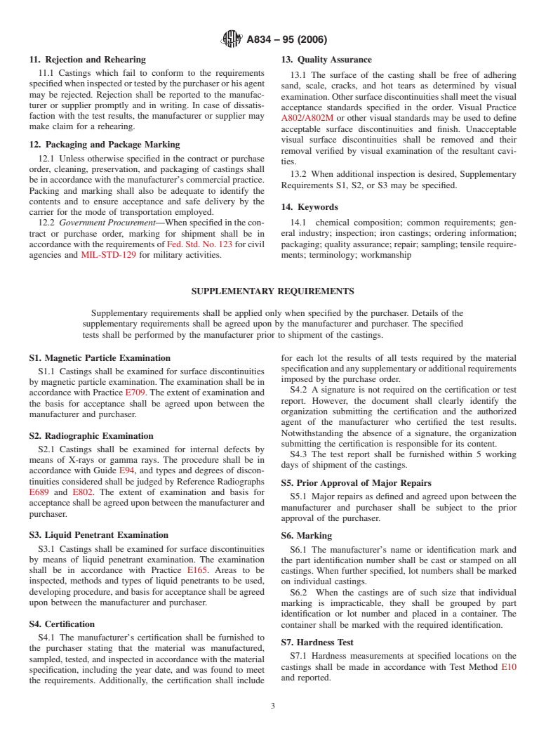 ASTM A834-95(2006) - Standard Specification for Common Requirements for Iron Castings for General Industrial Use