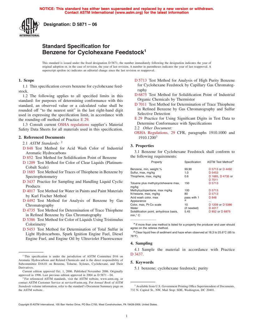 ASTM D5871-06 - Standard Specification for Benzene for Cyclohexane Feedstock