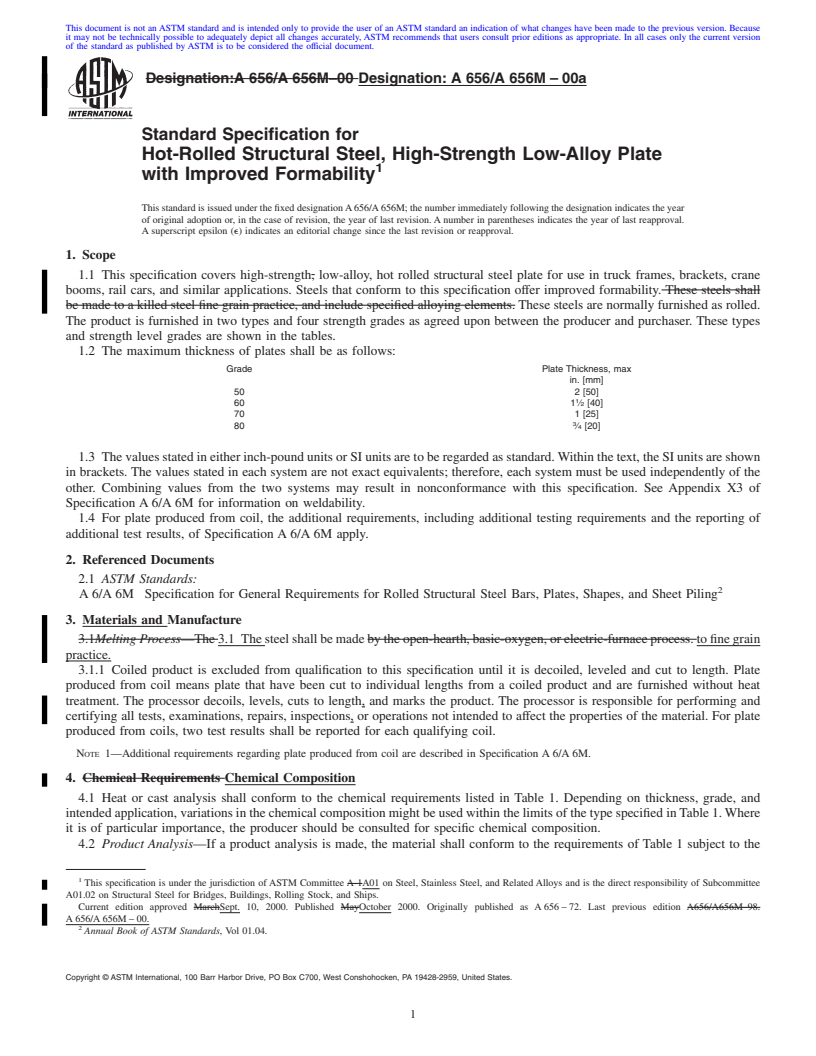 REDLINE ASTM A656/A656M-00a - Standard Specification for Hot-Rolled Structural Steel, High-Strength Low-Alloy Plate with Improved Formability