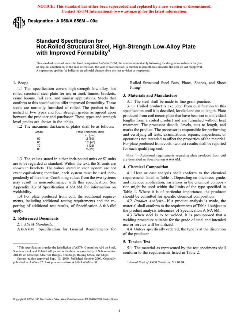 ASTM A656/A656M-00a - Standard Specification for Hot-Rolled Structural Steel, High-Strength Low-Alloy Plate with Improved Formability