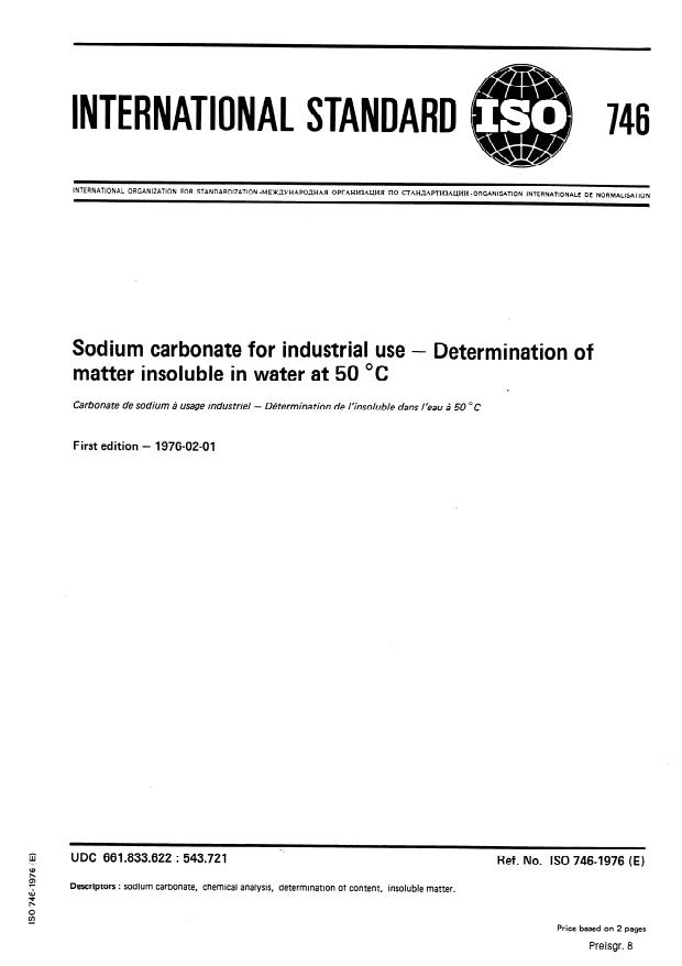 ISO 746:1976 - Sodium carbonate for industrial use -- Determination of matter insoluble in water at 50 degrees C