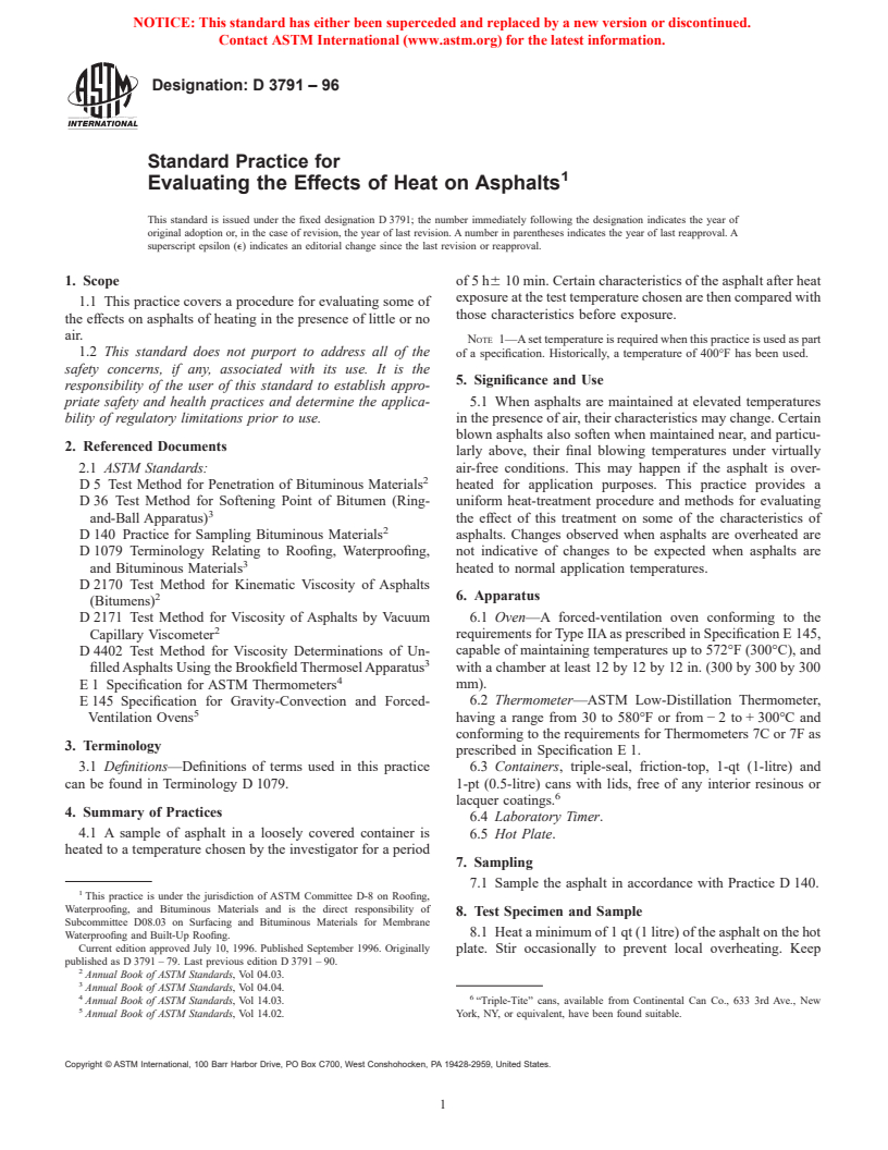 ASTM D3791-96 - Standard Practice for Evaluating the Effects of Heat on Asphalts