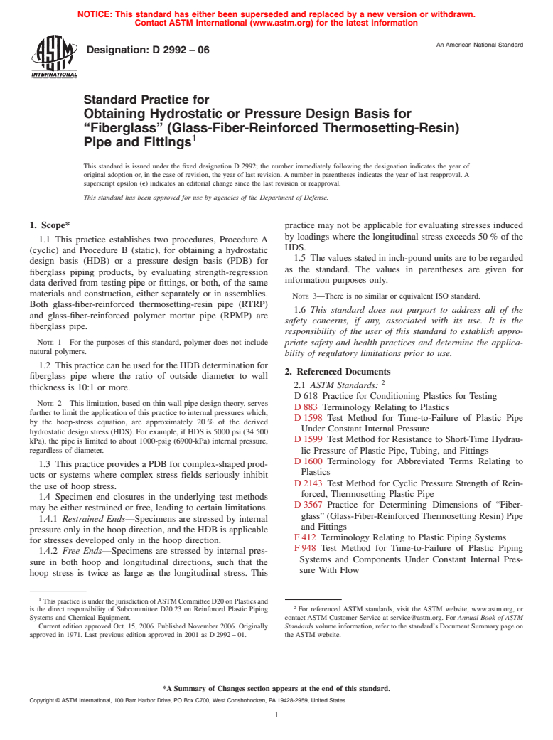 ASTM D2992-06 - Standard Practice for Obtaining Hydrostatic or Pressure Design Basis for "Fiberglass" (Glass-Fiber-Reinforced Thermosetting-Resin) Pipe and Fittings